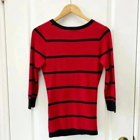 Ricki’s Wrap Front Sweater Deep V Neckline Thin Knit Red Black Stripes XS - Picture 4 of 15